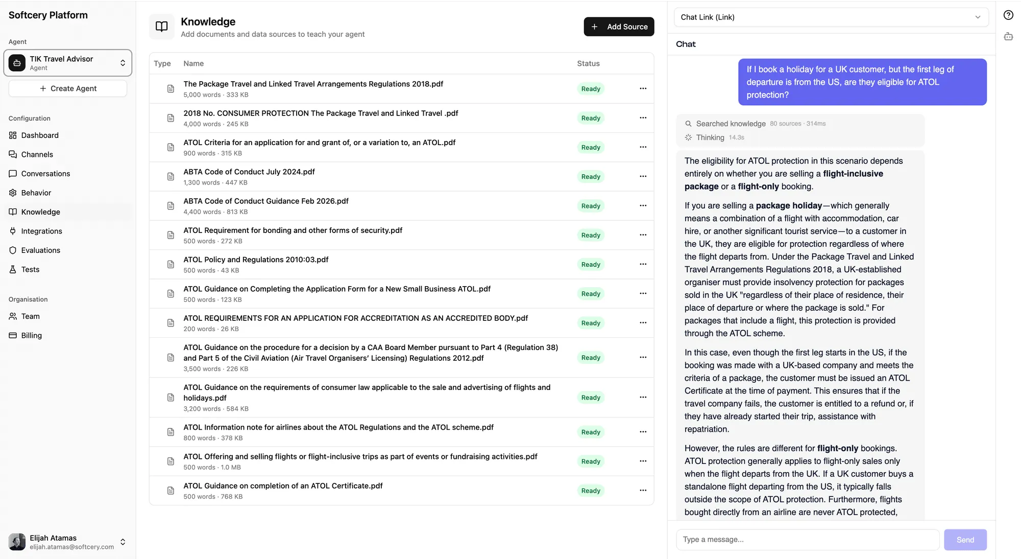 Knowledge page showing website sources with processing status