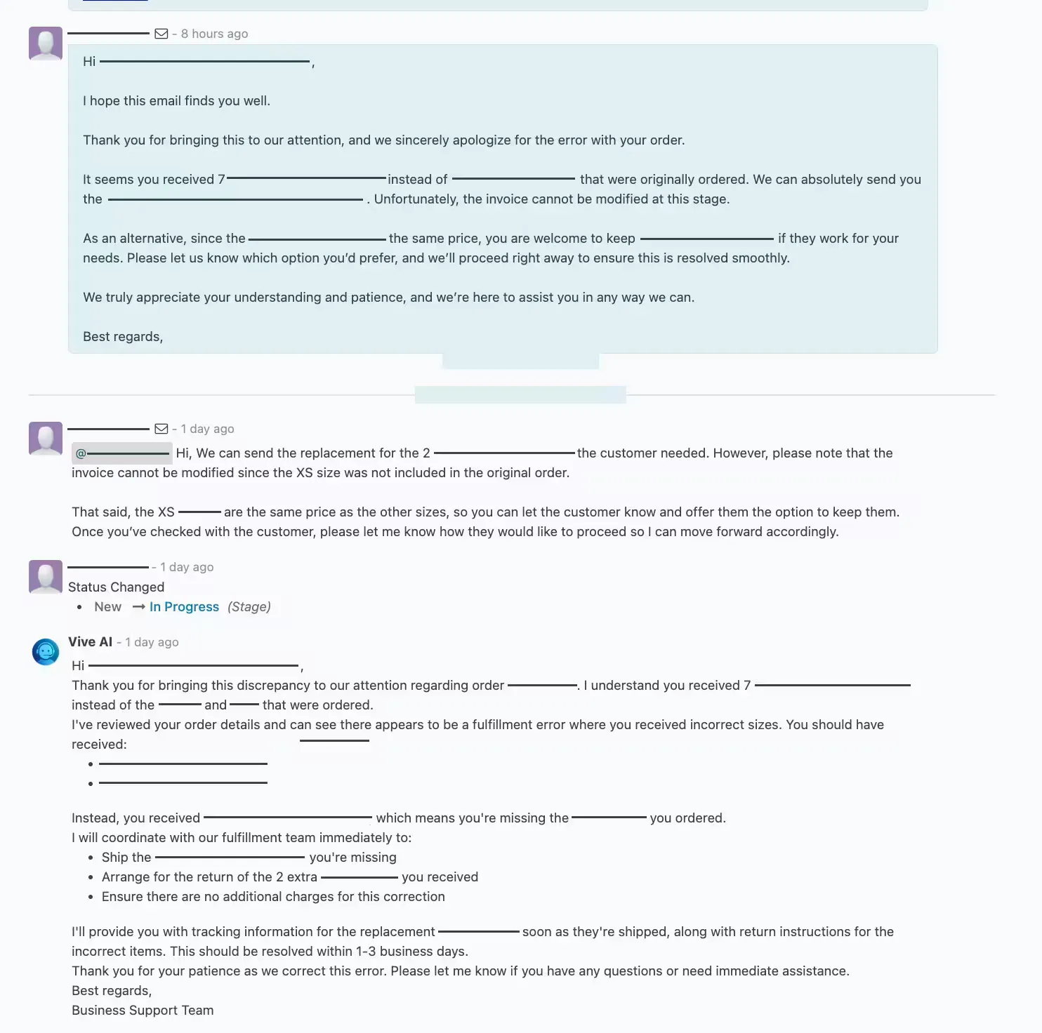 An AI-drafted resolution inside the helpdesk: the agent understands a wrong-shipment problem, identifies the missing items, and proposes shipping the replacement and arranging the return, ready for a support staffer to review and send